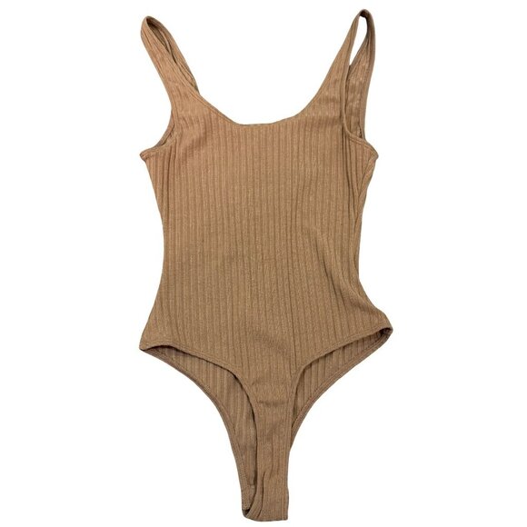 JLUXLABEL Ribbed Tank Zip Front Bodysuit Caramel Tan Size Small - Picture 4 of 7